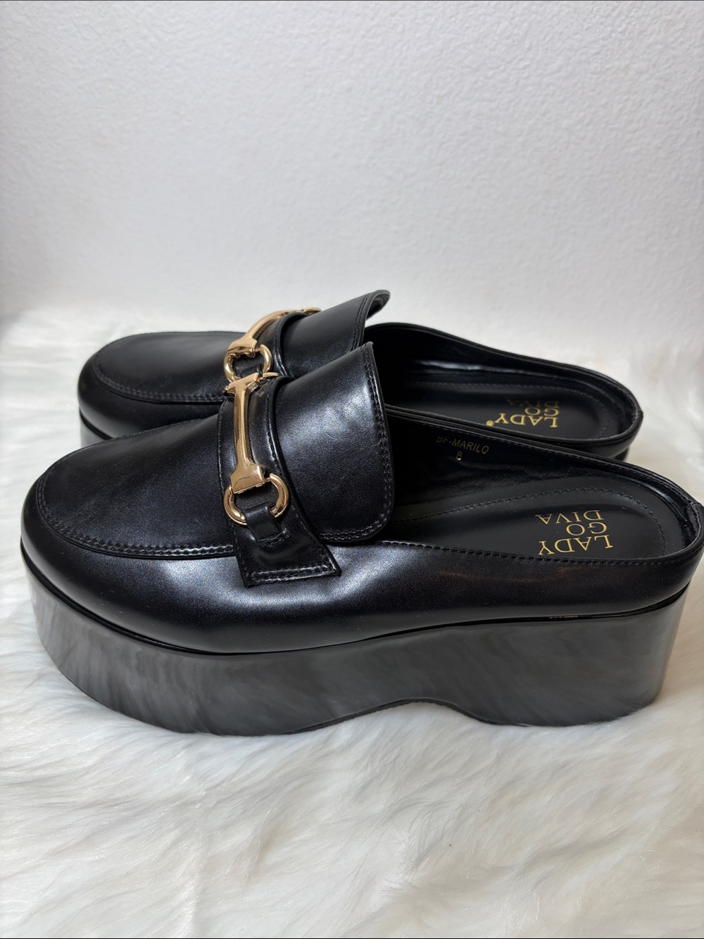Lady Godiva Black Chunky Platform Loafers with Gold Bit